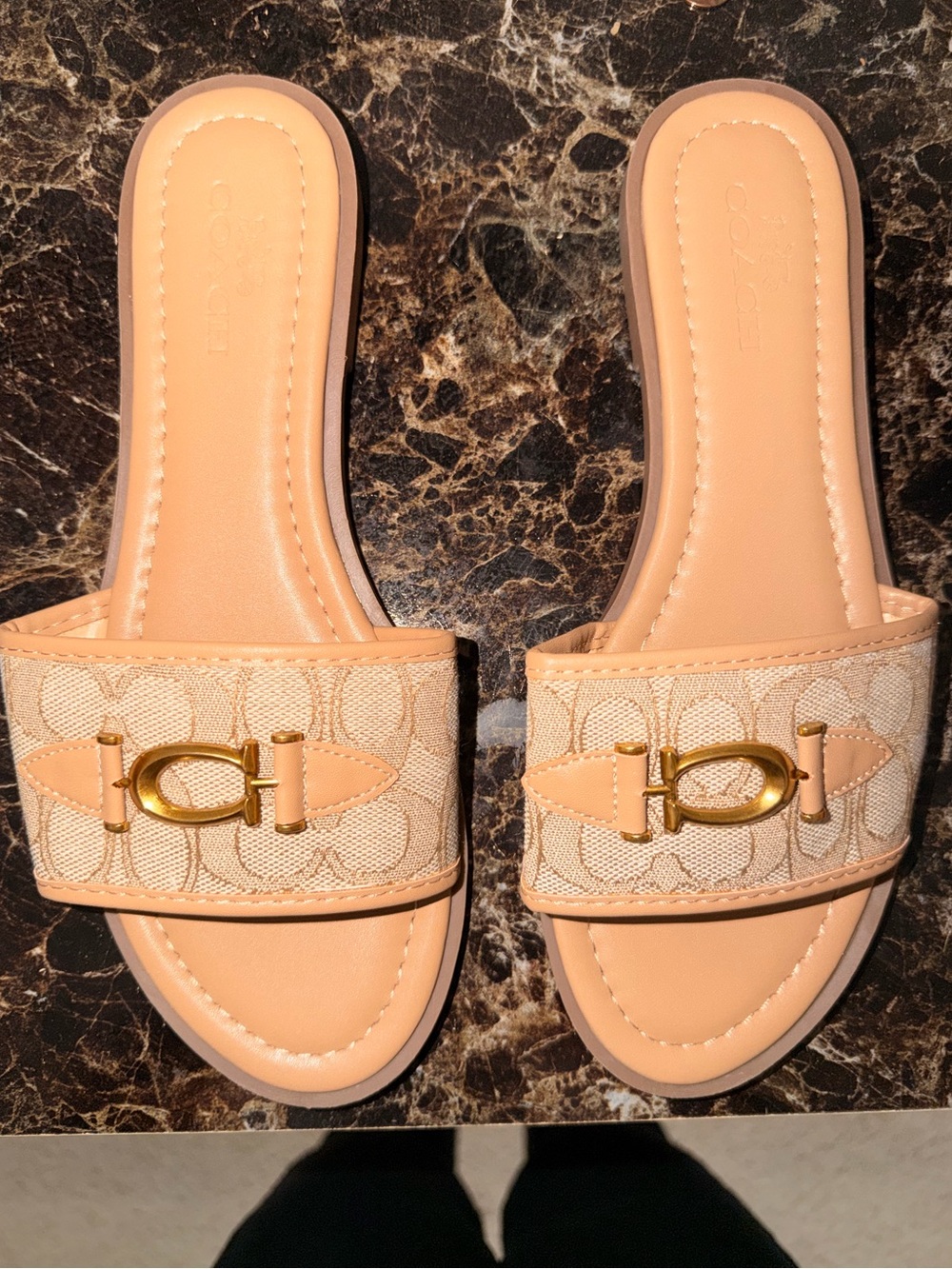 Coach Tan Signature Jacquard Slide Sandals with Gold Hardware - Picture 3 of 11